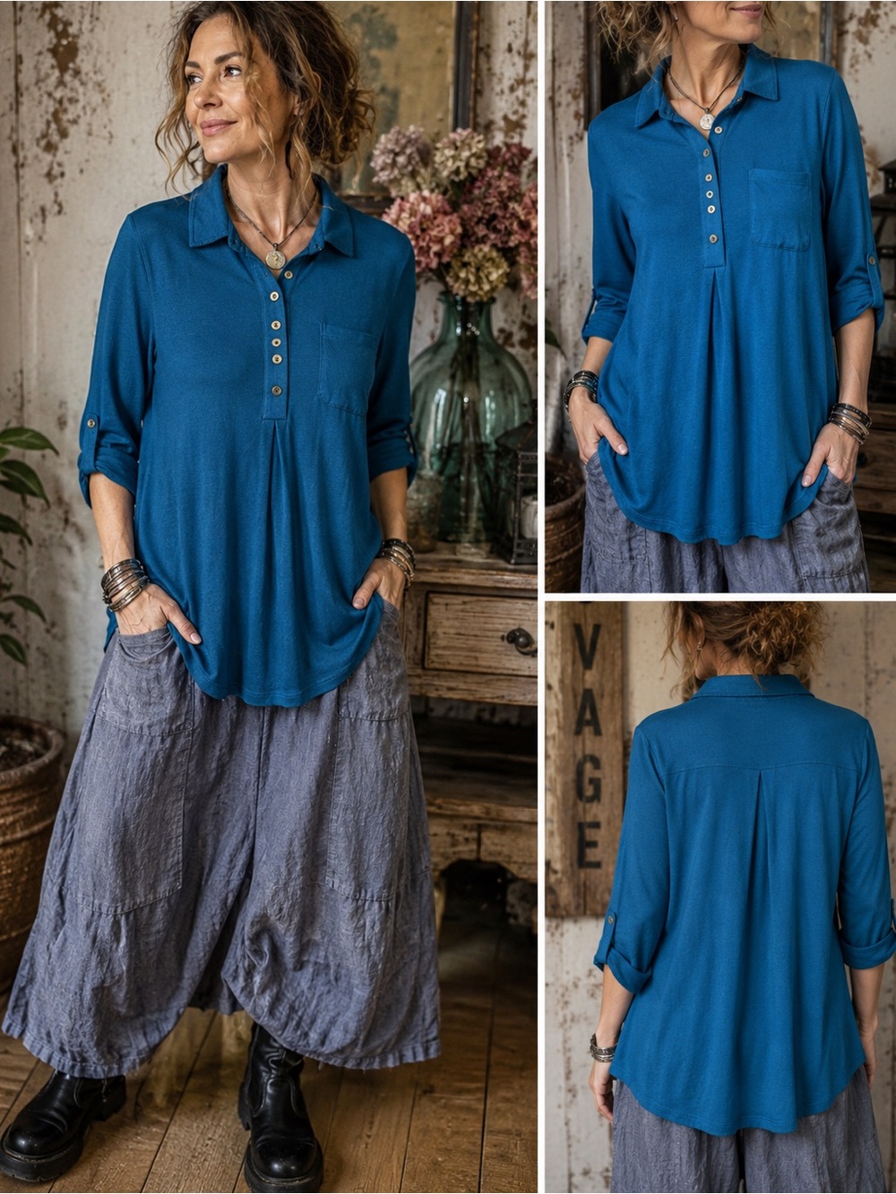 Soft Surroundings Teal Popover Tunic Top XL Roll Tab Sleeve Stretch Blouse